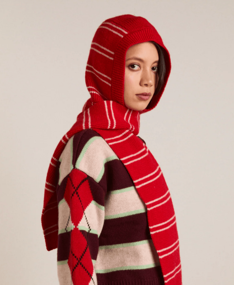 Damson Madder Red and Oat Striped Hooded Hoodie with Scarf – Ex-voto