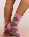 Chaussettes Argyle Rose et Gris Damson Madder - Ex-voto