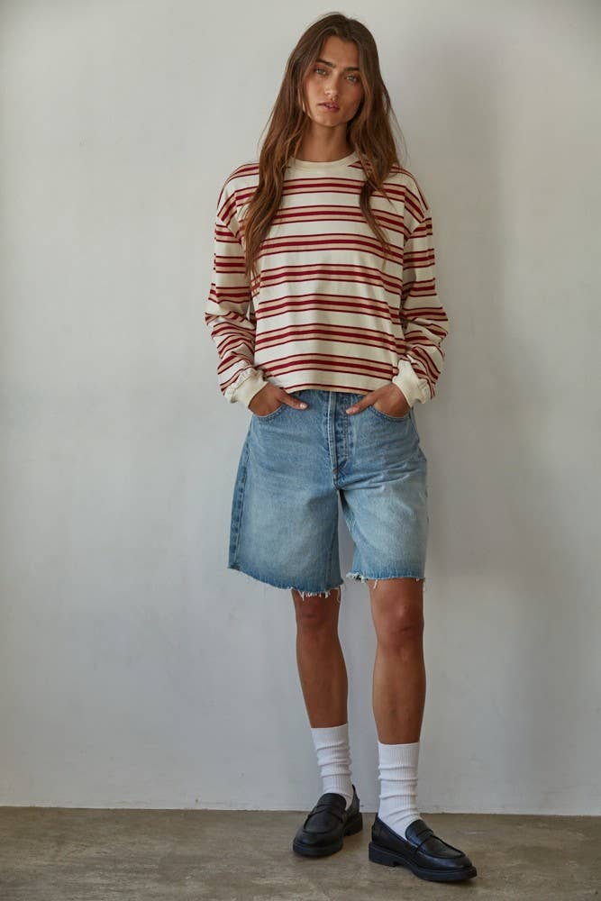 T-shirt Vintage J.Crew Manches Longues Col V Rayé Rouge - Taille XS, Neuf Avec étiquette