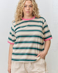 T-Shirt Rayé Col Contrastant Vert et Rose Polagram - Ex - voto