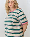 T-Shirt Rayé Col Contrastant Vert et Rose Polagram - Ex - voto