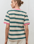 T-Shirt Rayé Col Contrastant Vert et Rose Polagram - Ex - voto