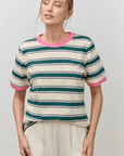 T-Shirt Rayé Col Contrastant Vert et Rose Polagram - Ex - voto