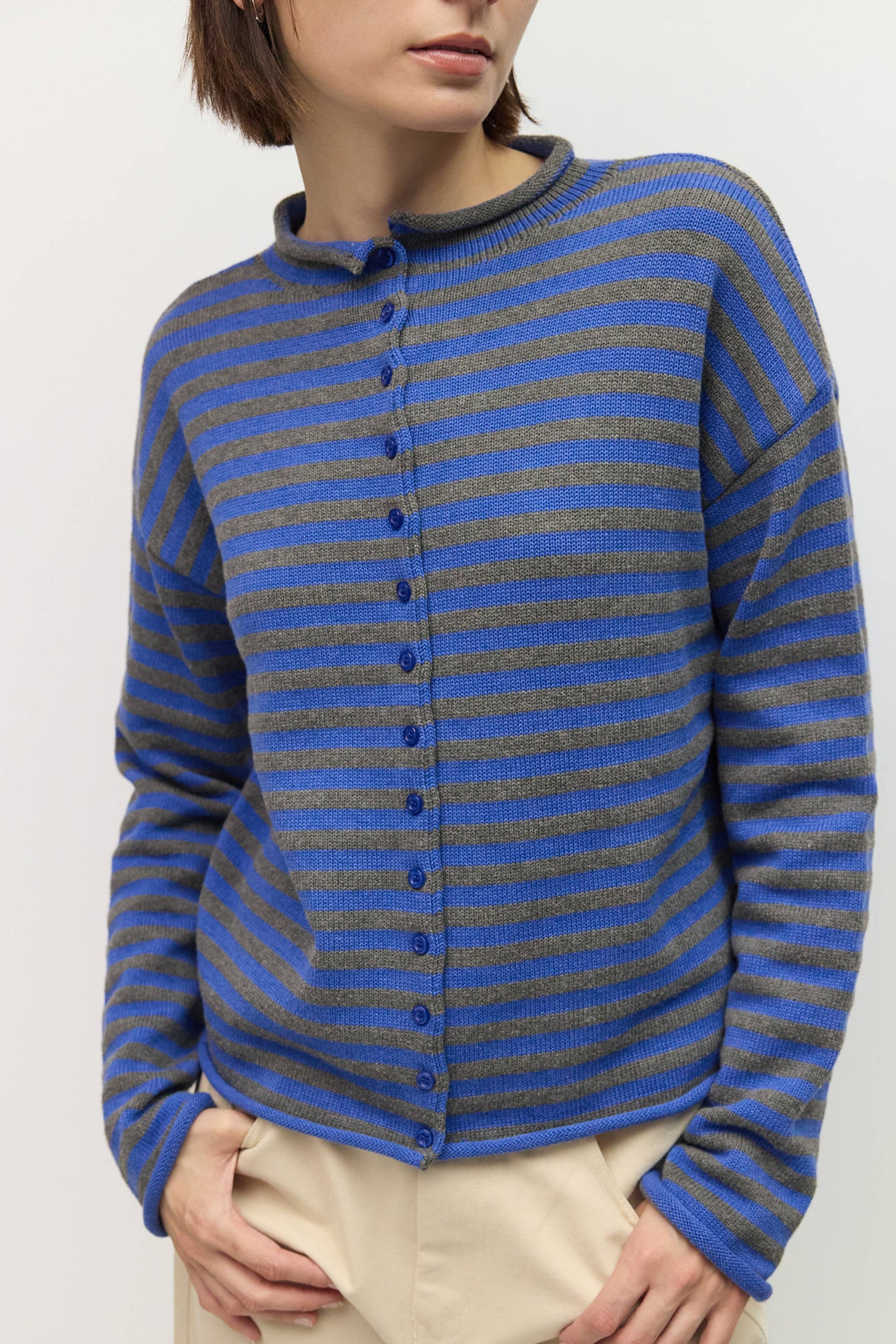 Mod Ref Cecelia Blue and Grey Striped Cardigan