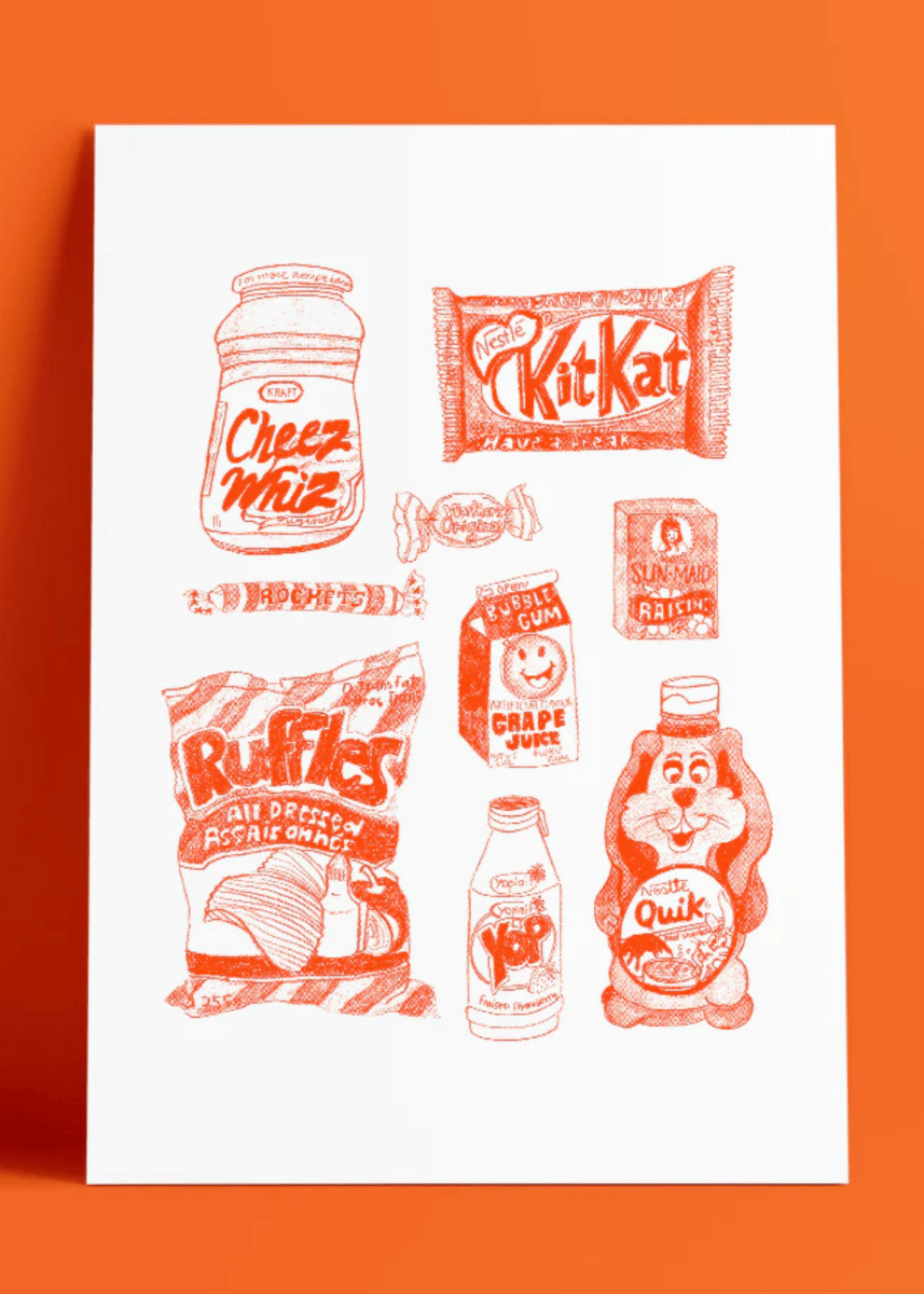 Affiche 90's Snacks Rouge Anne - Julie Dudemaine 11 x 14 - Ex - voto