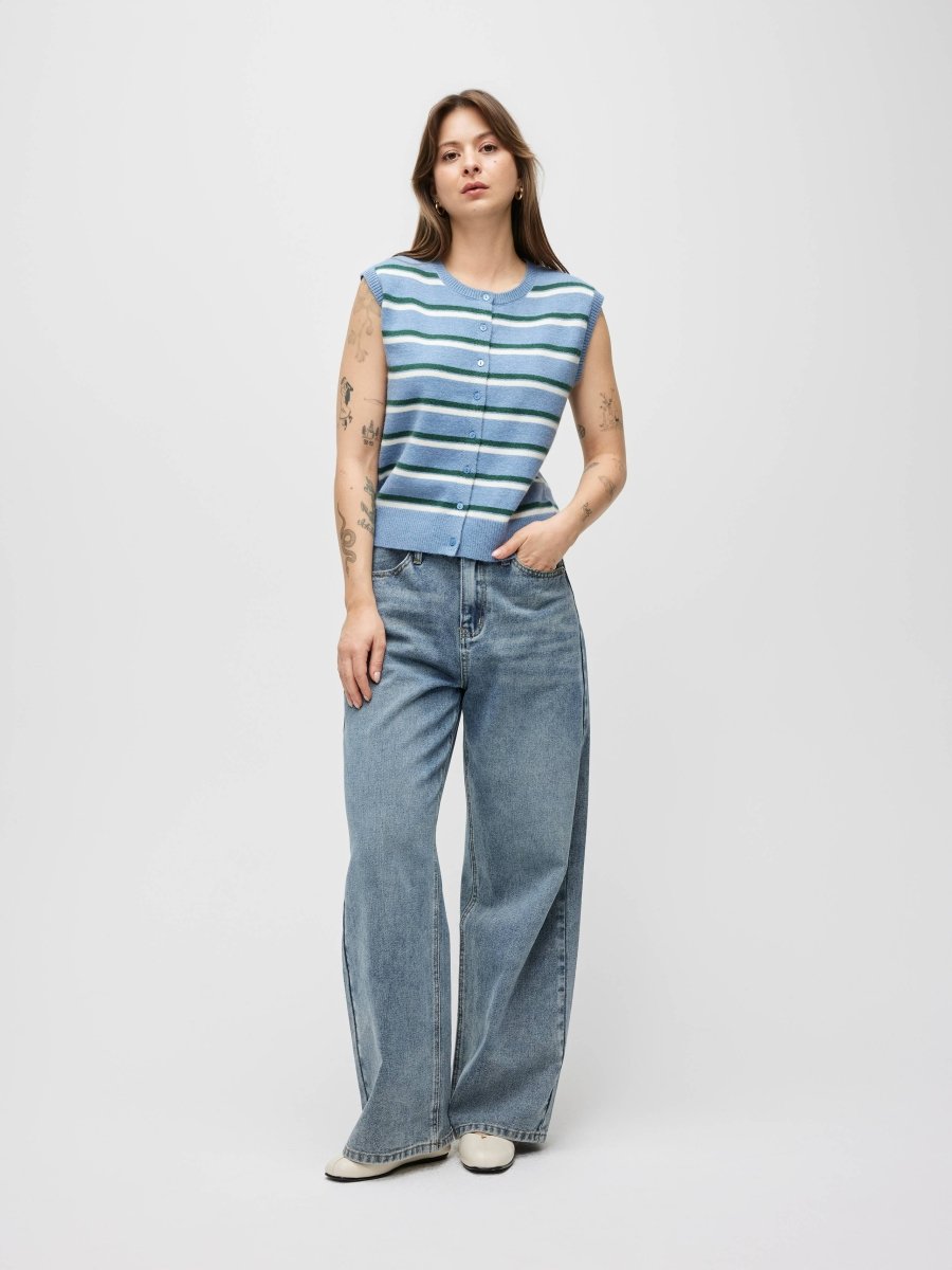 Camisole Boutonnée Emory Rayures Bleues, Vertes et Ivoires All Row - Ex - voto