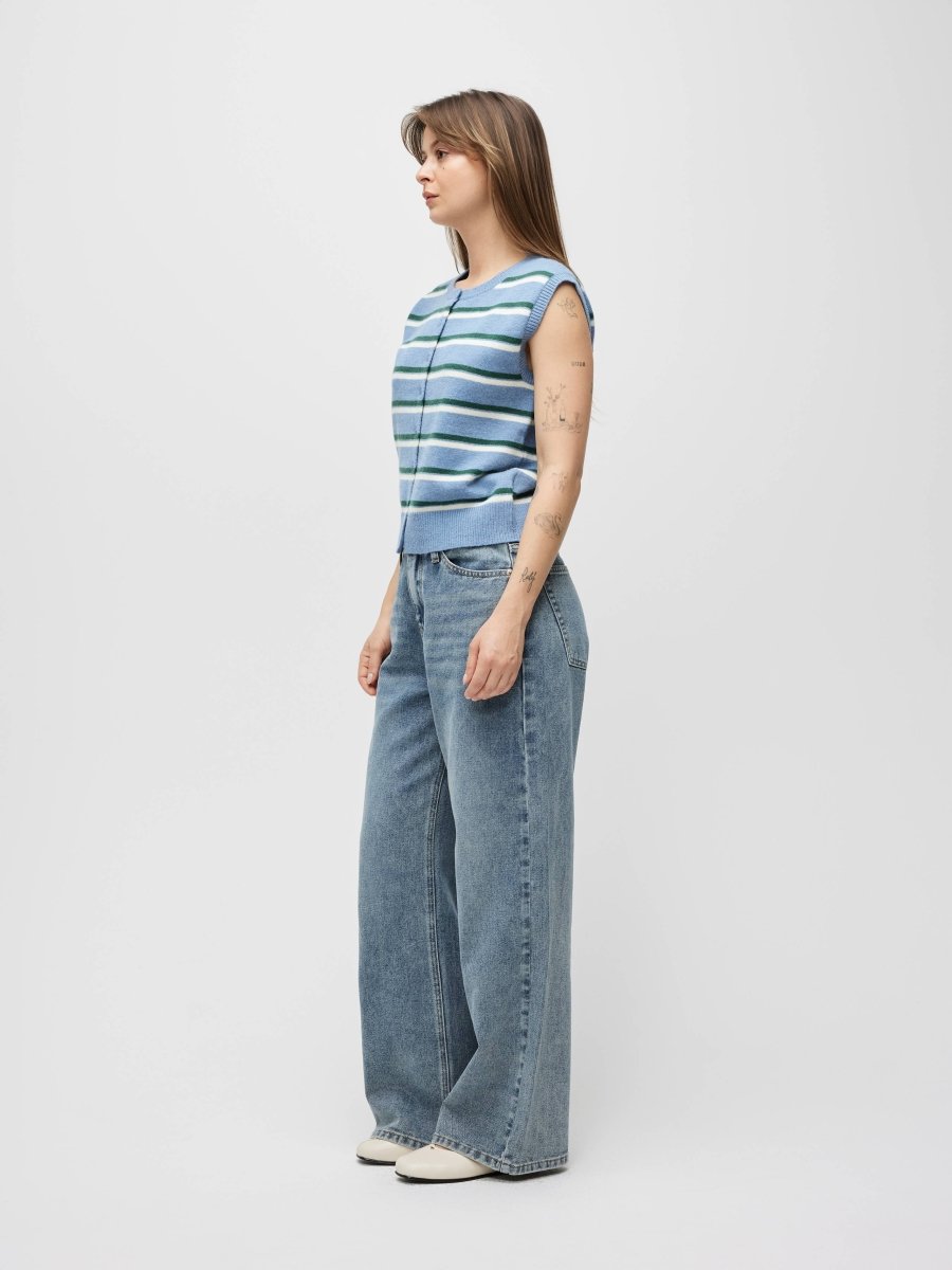 Camisole Boutonnée Emory Rayures Bleues, Vertes et Ivoires All Row - Ex - voto