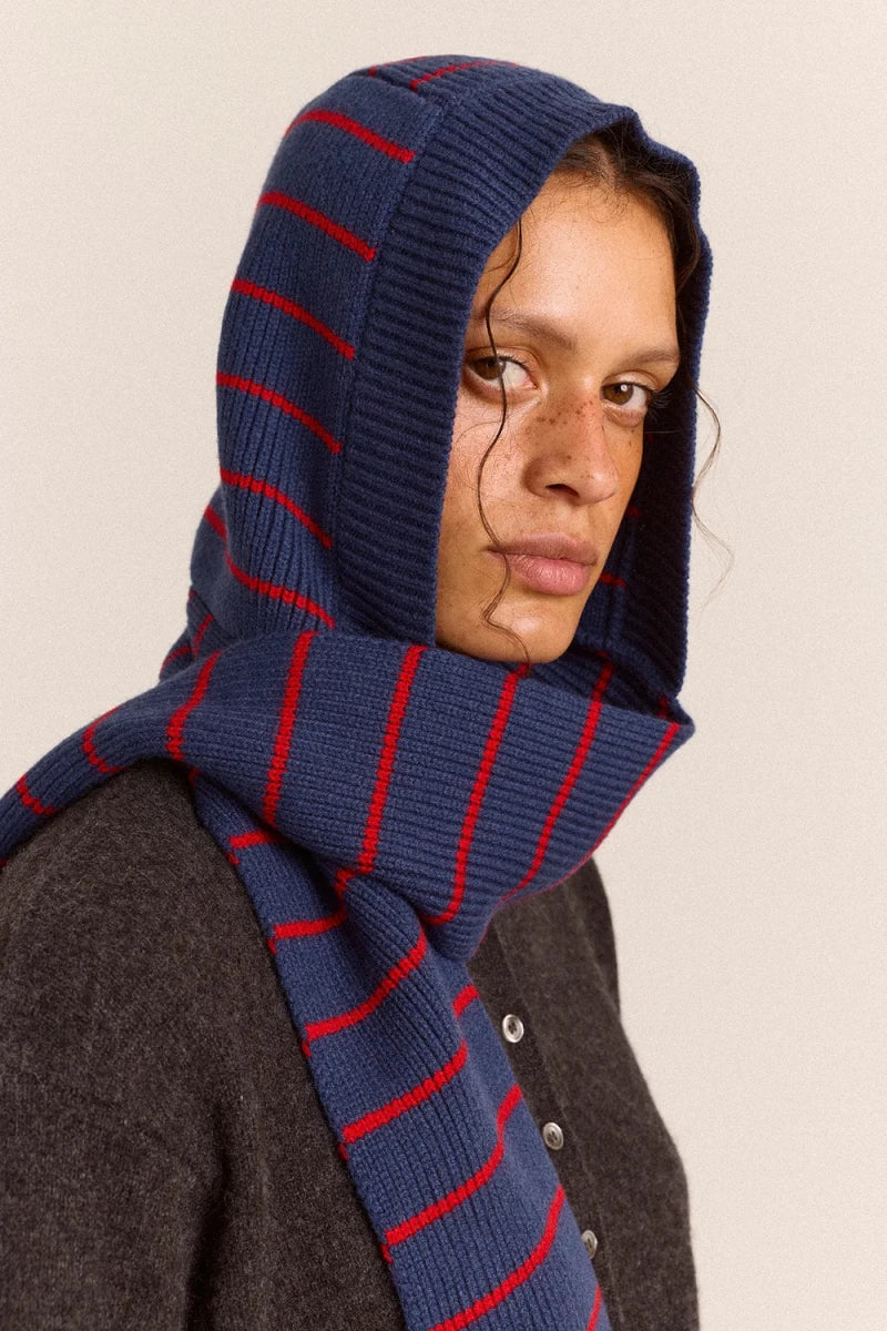 Capuchon avec Foulard Rayé Bleu et Rouge Damson Madder - Ex-voto