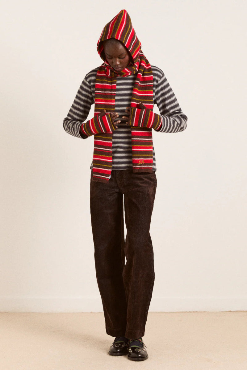 Capuchon avec Foulard Rayures Damson Madder Brun et Rouge - Ex - voto