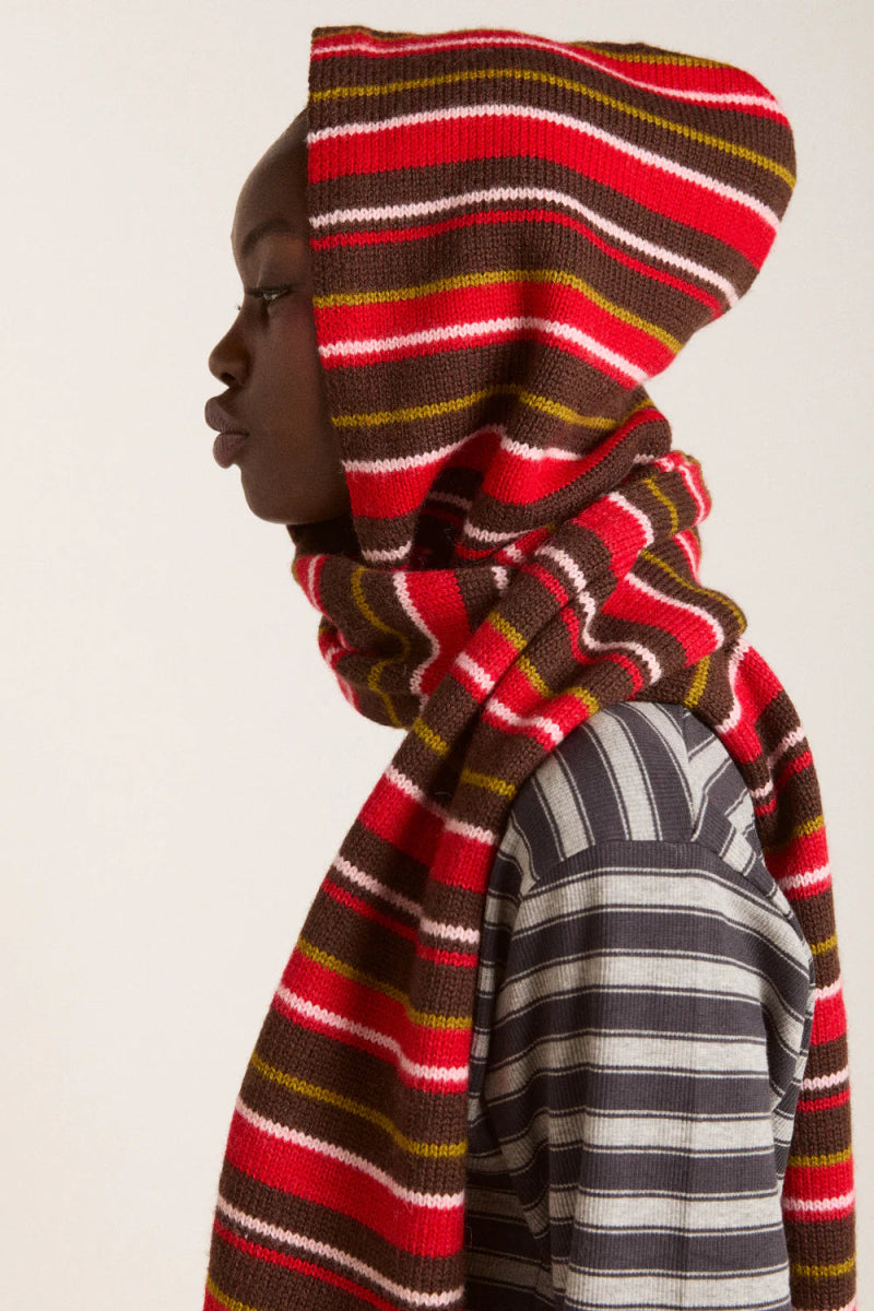 Capuchon avec Foulard Rayures Damson Madder Brun et Rouge - Ex - voto