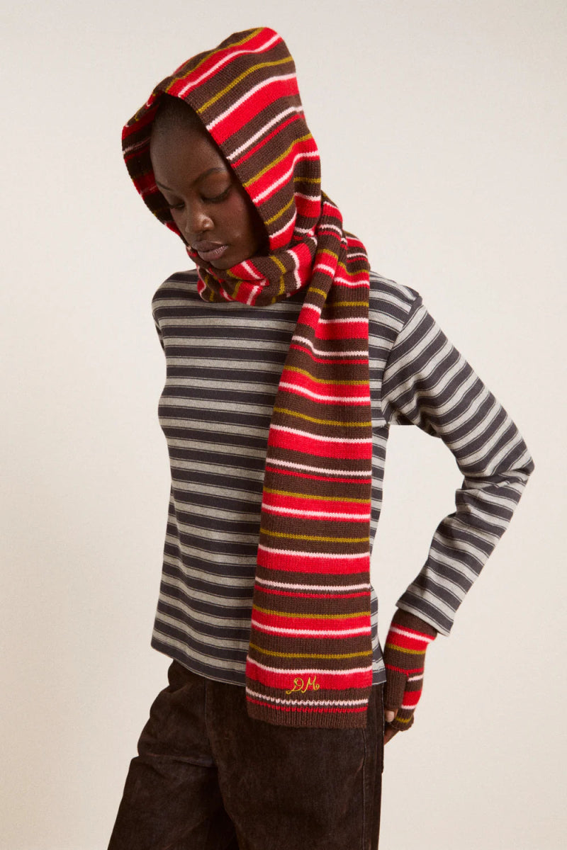 Capuchon avec Foulard Rayures Damson Madder Brun et Rouge - Ex - voto