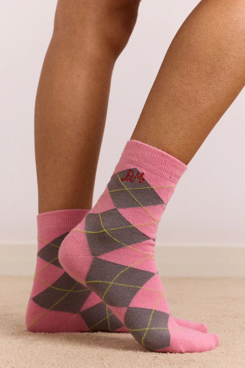 Chaussettes Argyle Rose et Gris Damson Madder - Ex-voto