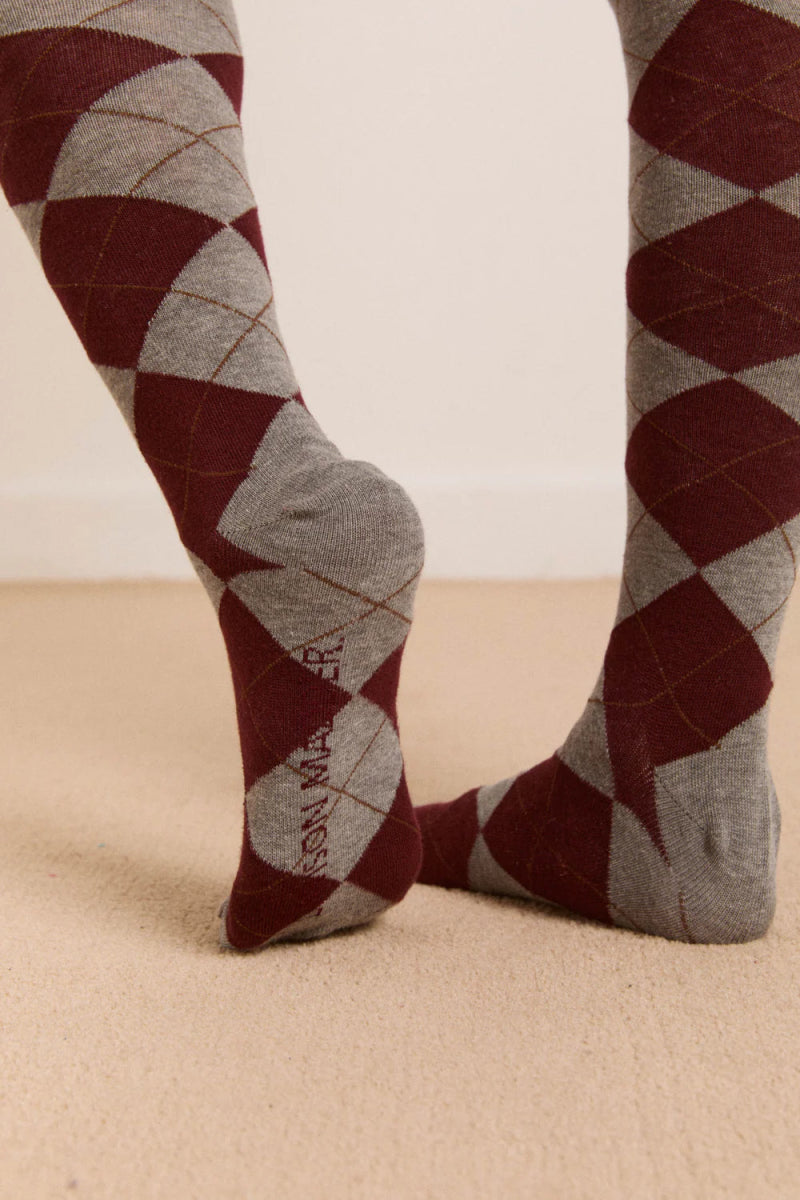 Chaussettes Genoux Argyle Damson Madder Gris et Brun - Ex - voto
