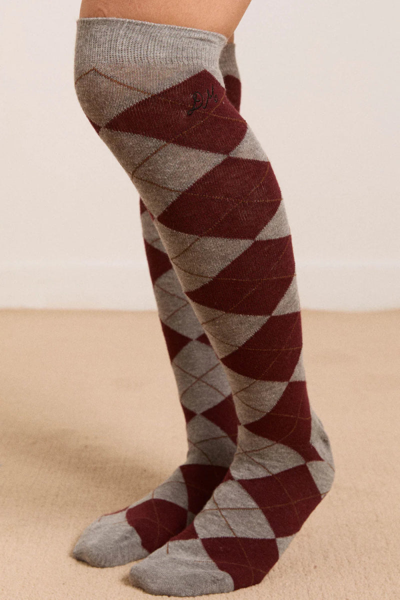 Chaussettes Genoux Argyle Damson Madder Gris et Brun - Ex - voto
