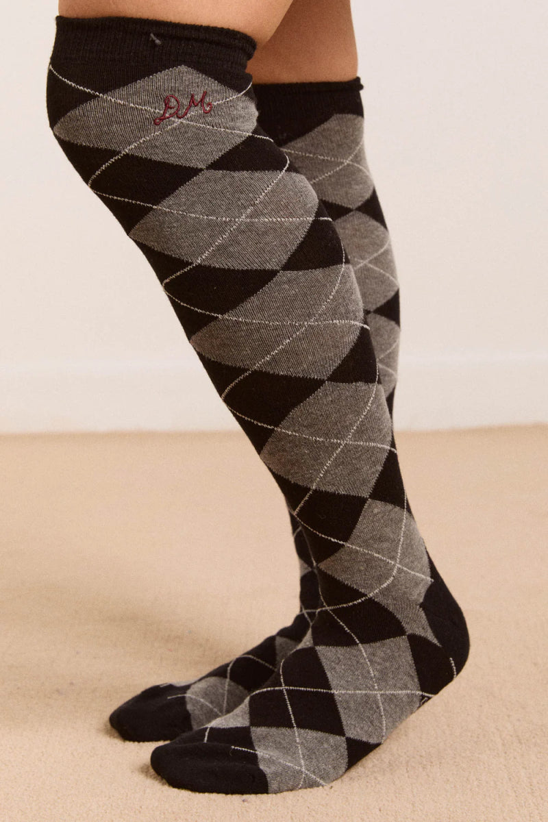 Chaussettes Genoux Argyle Damson Madder Gris et Noir - Ex - voto