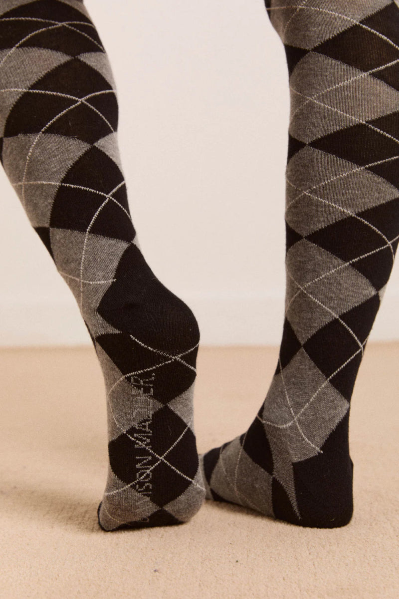 Chaussettes Genoux Argyle Damson Madder Gris et Noir - Ex - voto