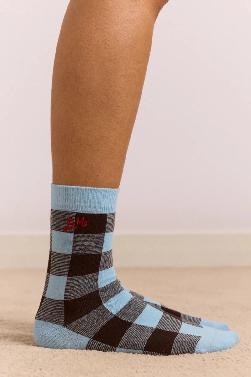 Chaussettes Gingham Bleu Pâle et Choc Damson Madder - Ex-voto