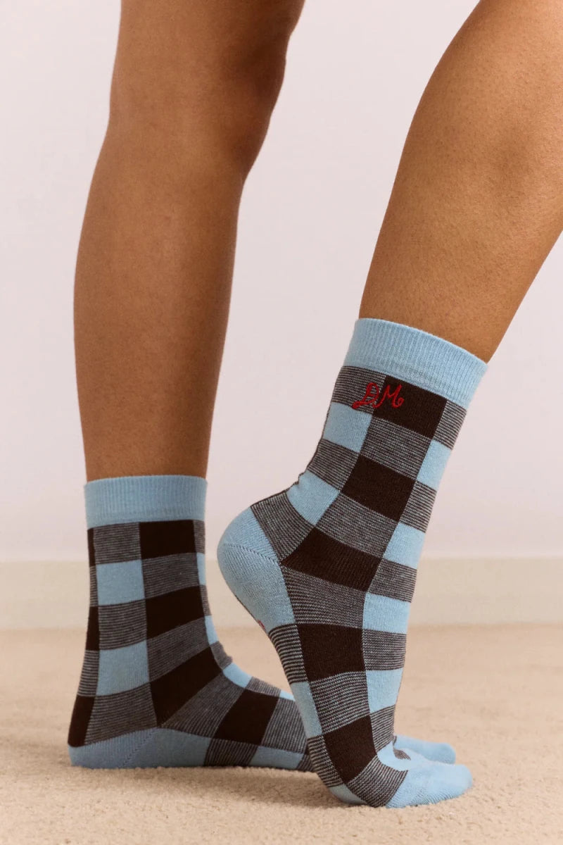 Chaussettes Gingham Bleu Pâle et Choc Damson Madder - Ex-voto