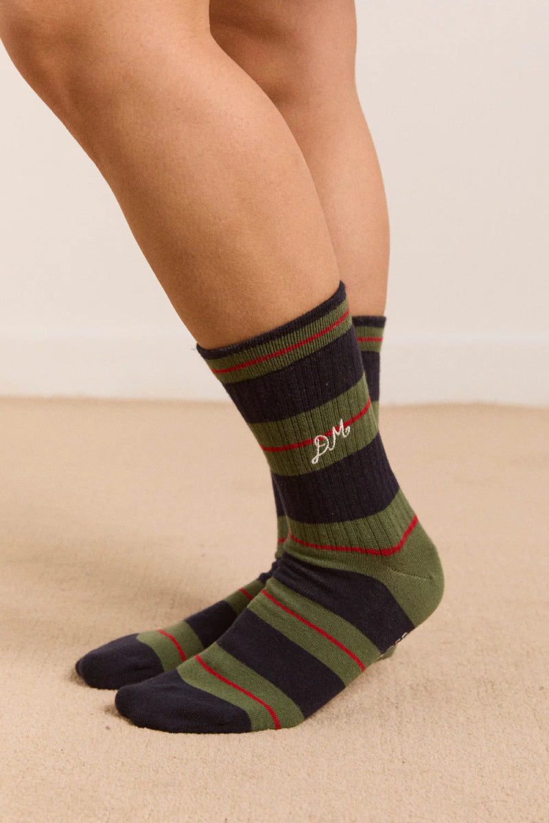 Chaussettes Rayures Damson Madder Olive et Bleu - Ex - voto