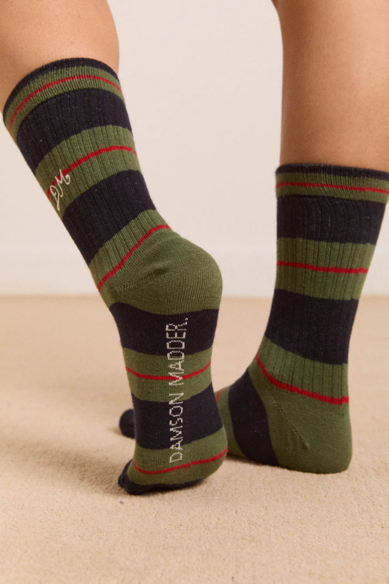 Chaussettes Rayures Damson Madder Olive et Bleu - Ex - voto
