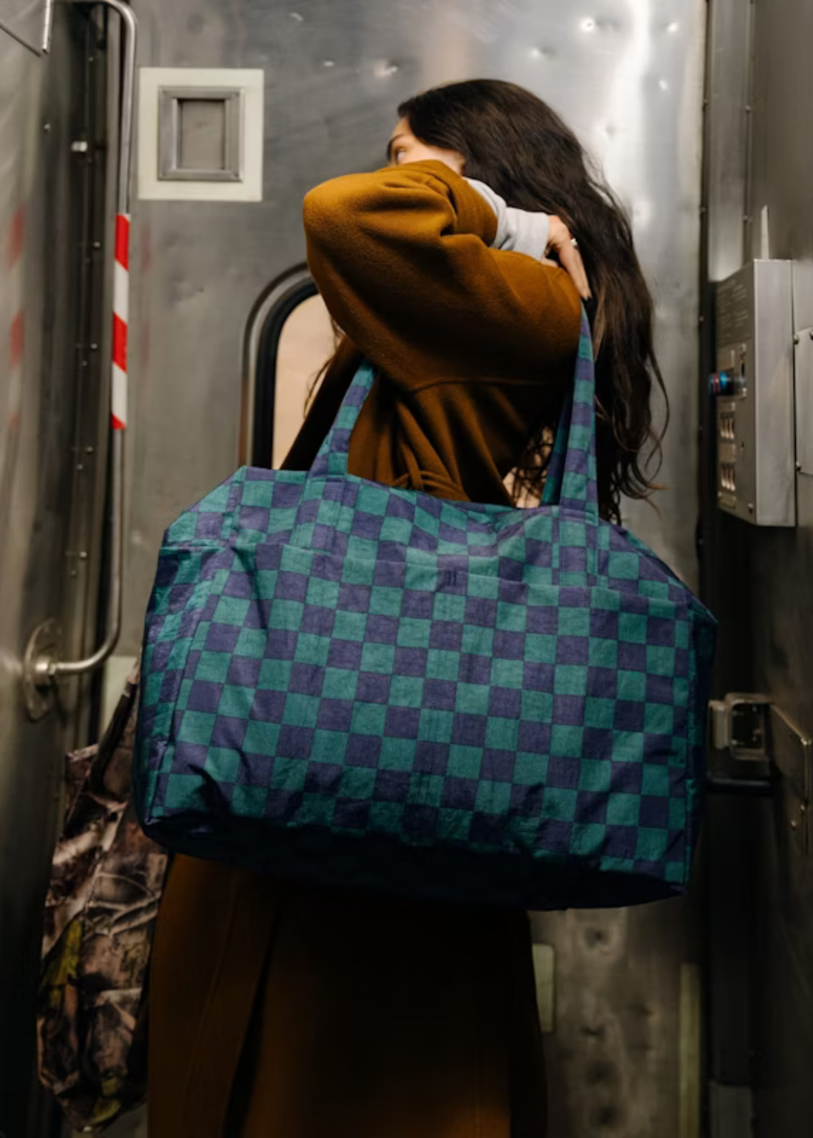 Baggu Navy Green Check Carry-on Cloud Bag