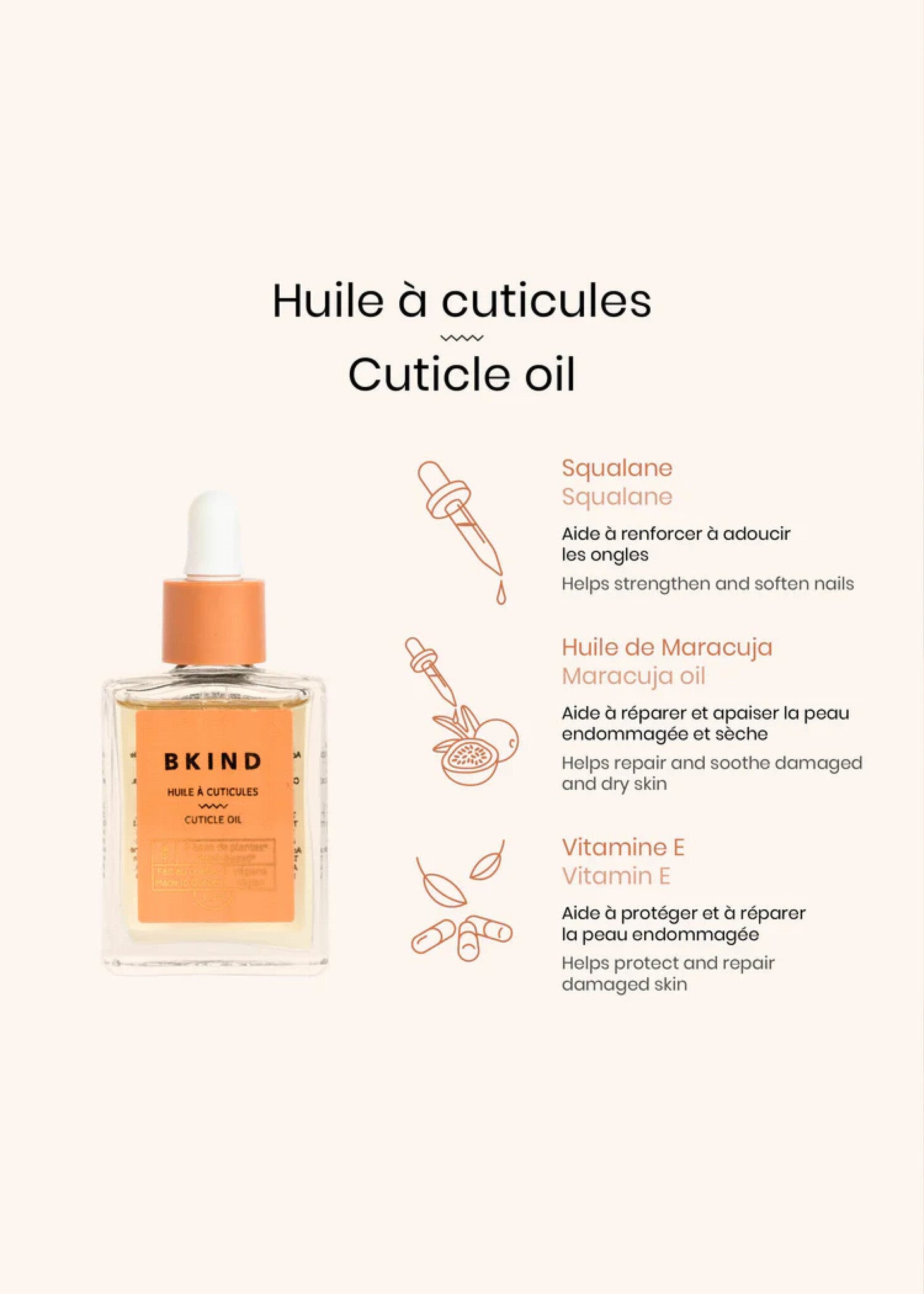 Huile pour Cuticules avec vitamine E et Squalane Bkind