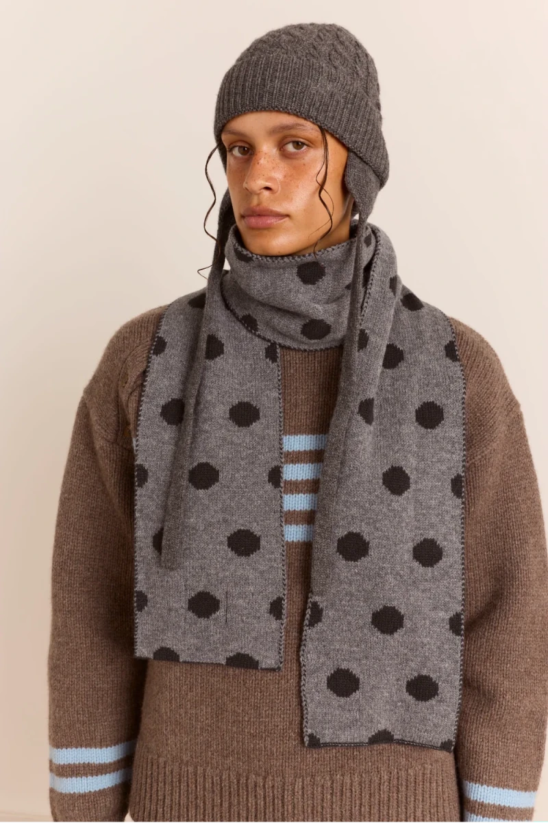 Foulard en Mérinos Réversible Pois Noirs et Gris Damson Madder - Ex-voto