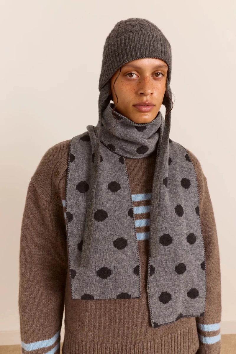 Foulard en Mérinos Réversible Pois Noirs et Gris Damson Madder - Ex-voto