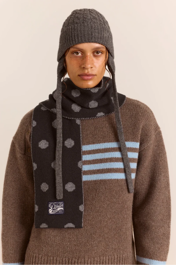 Foulard en Mérinos Réversible Pois Noirs et Gris Damson Madder - Ex-voto