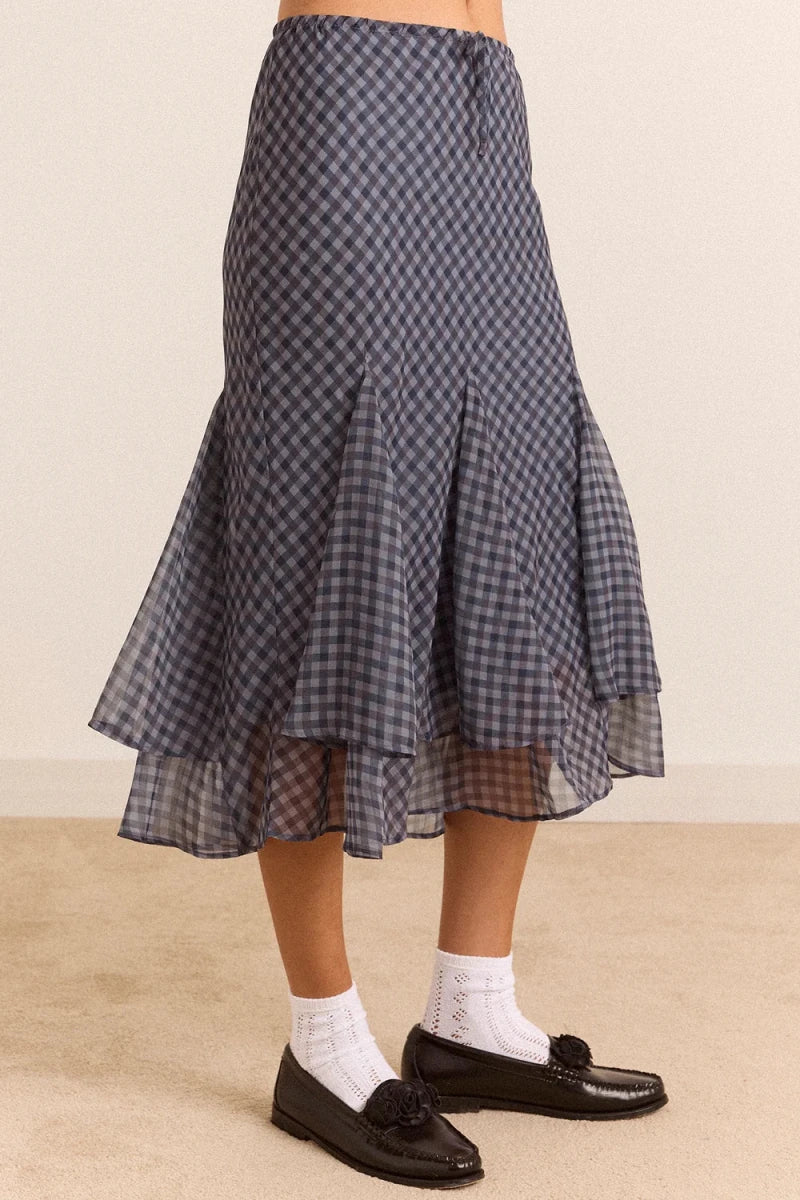 Jupe Rida Gingham Bleu Gris Damson Madder - Ex-voto