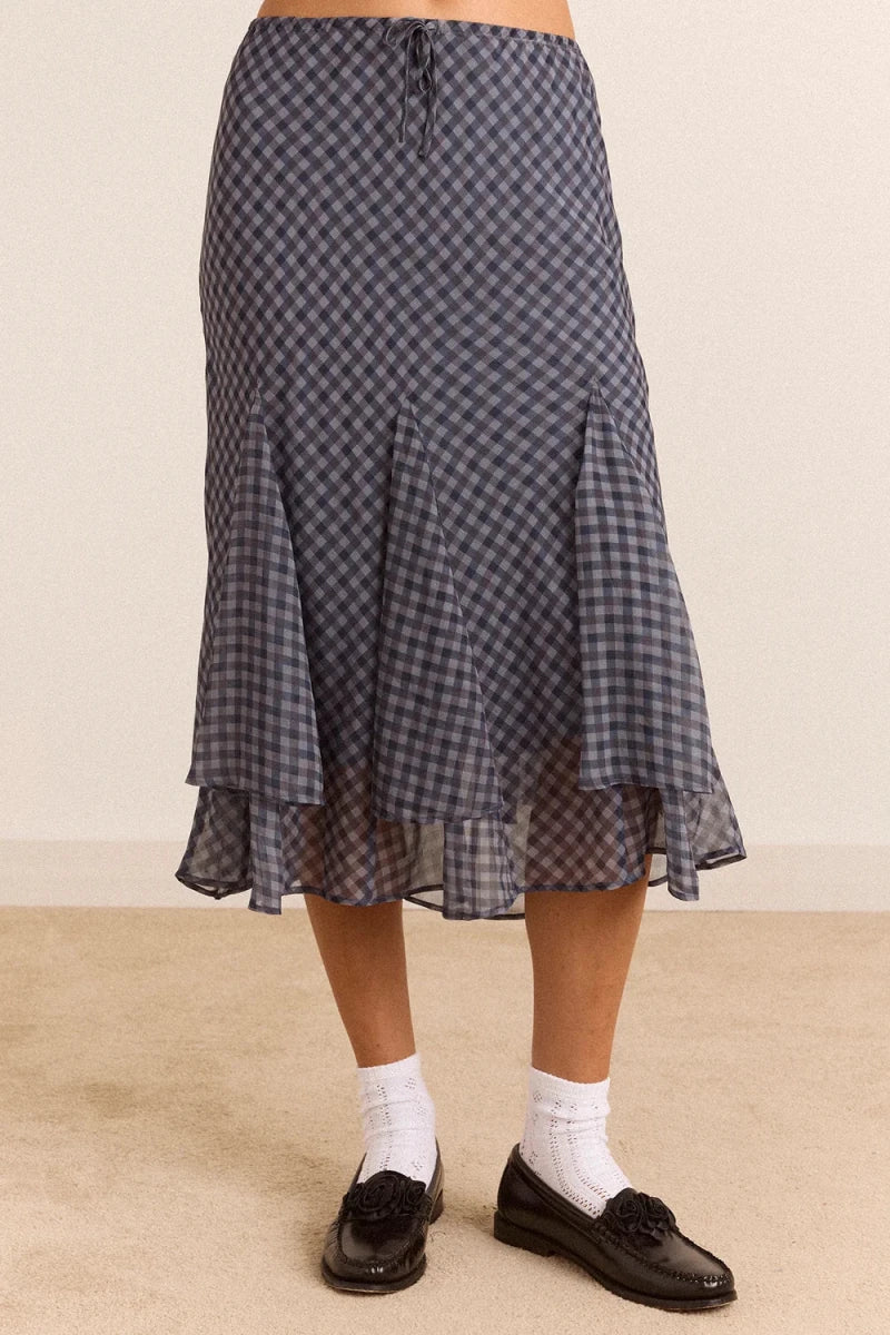 Jupe Rida Gingham Bleu Gris Damson Madder - Ex-voto