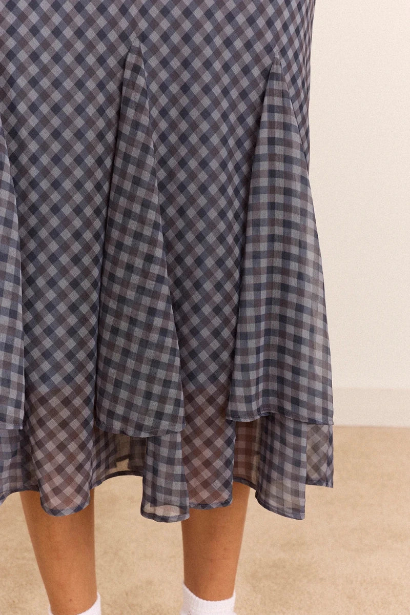 Jupe Rida Gingham Bleu Gris Damson Madder - Ex-voto