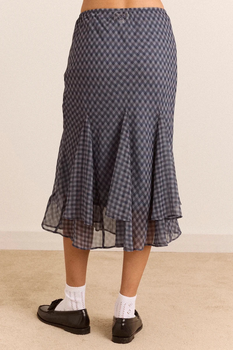 Jupe Rida Gingham Bleu Gris Damson Madder - Ex-voto