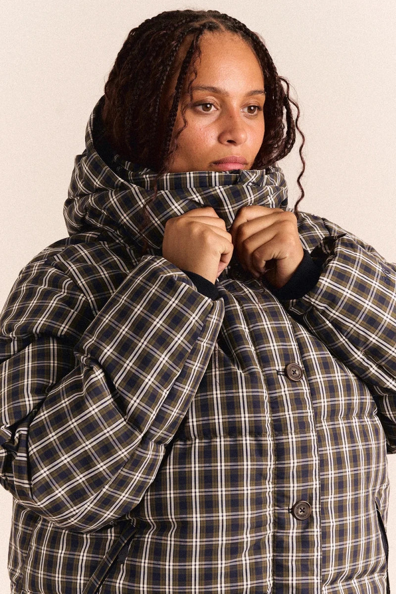 Manteau Puffer avec Capuchon Pearl Lyra Check Damson Madder - Ex-voto