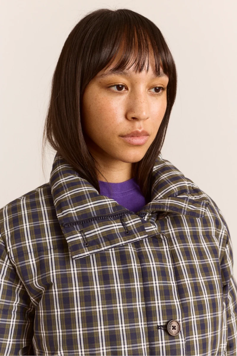 Manteau Puffer avec Capuchon Pearl Lyra Check Damson Madder - Ex-voto