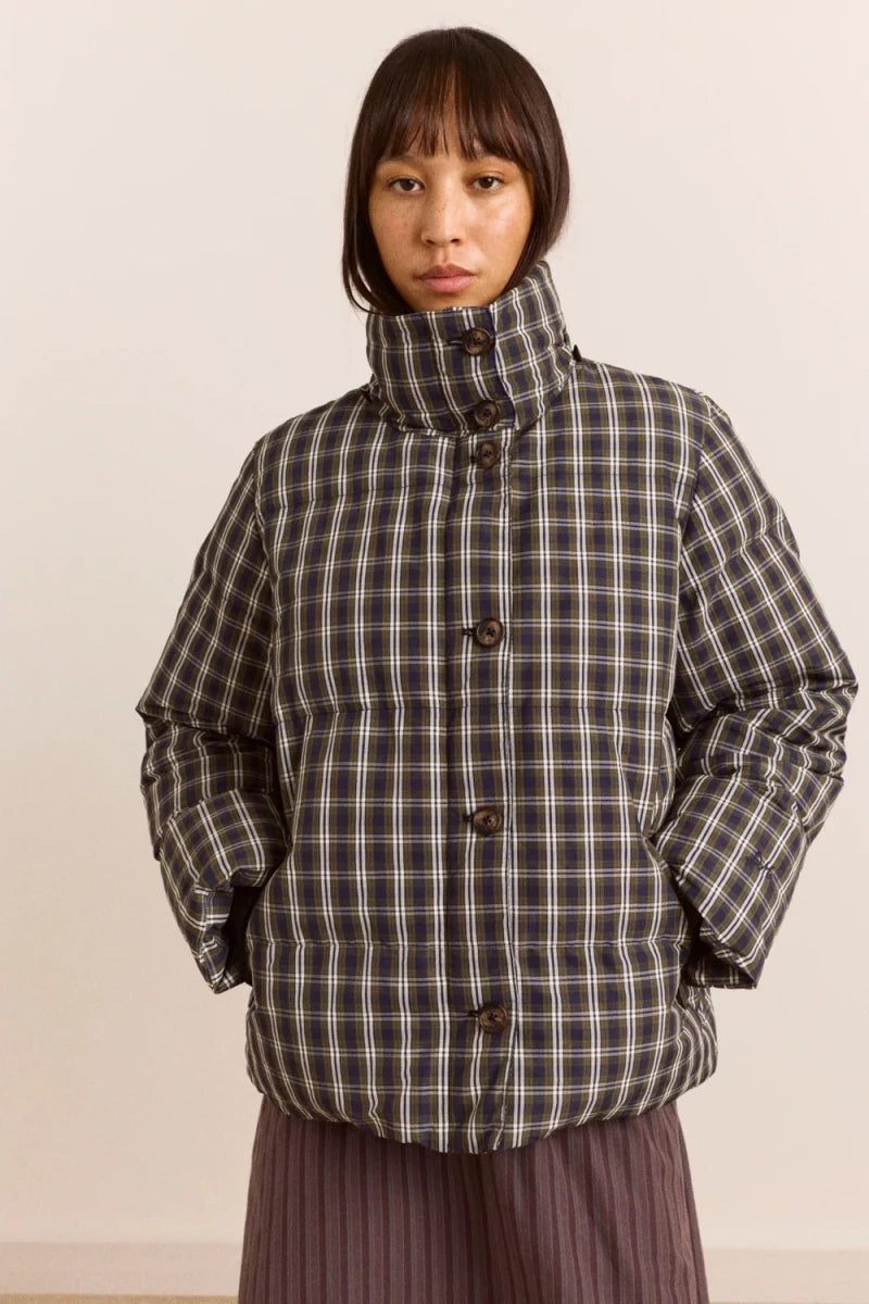 Manteau Puffer avec Capuchon Pearl Lyra Check Damson Madder - Ex-voto