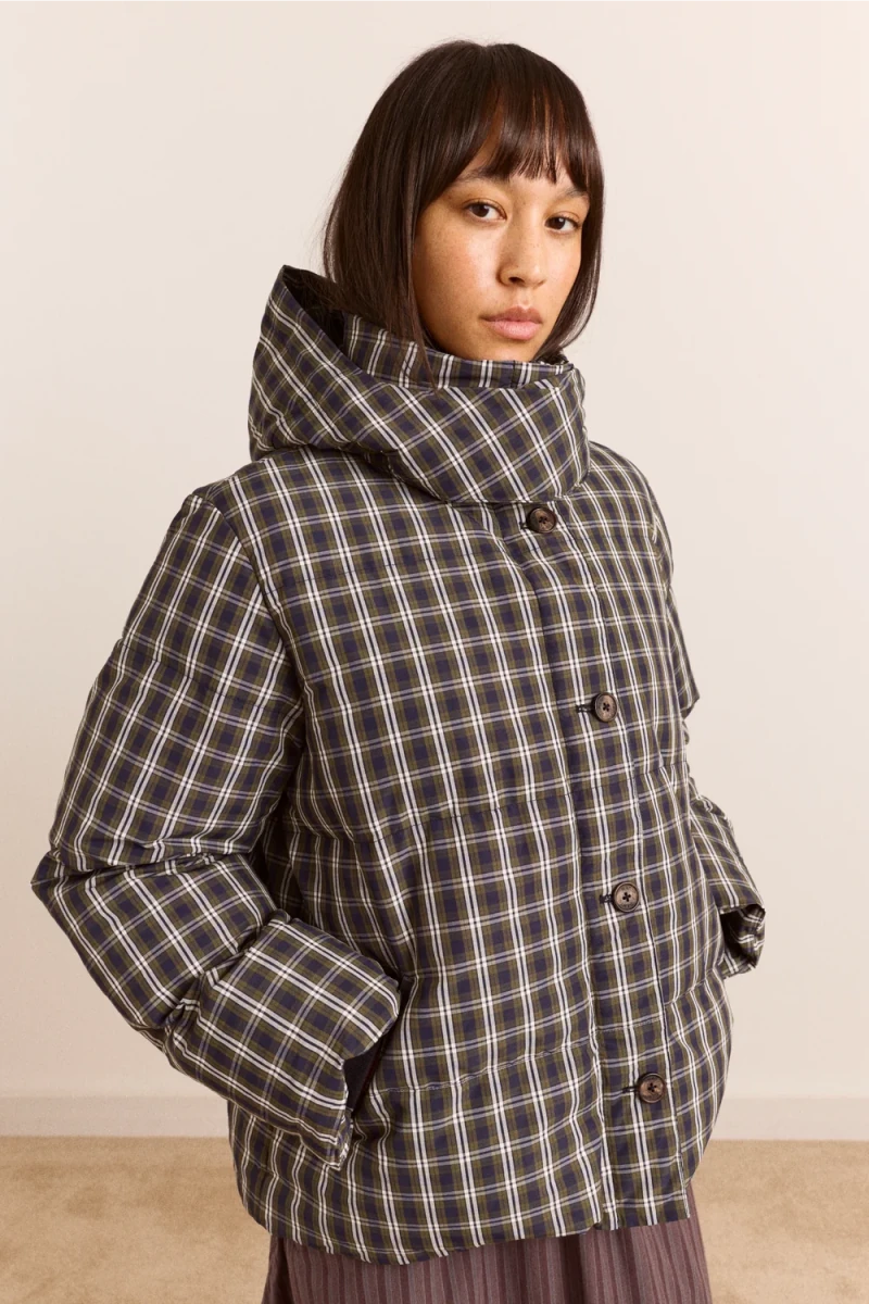 Manteau Puffer avec Capuchon Pearl Lyra Check Damson Madder - Ex-voto