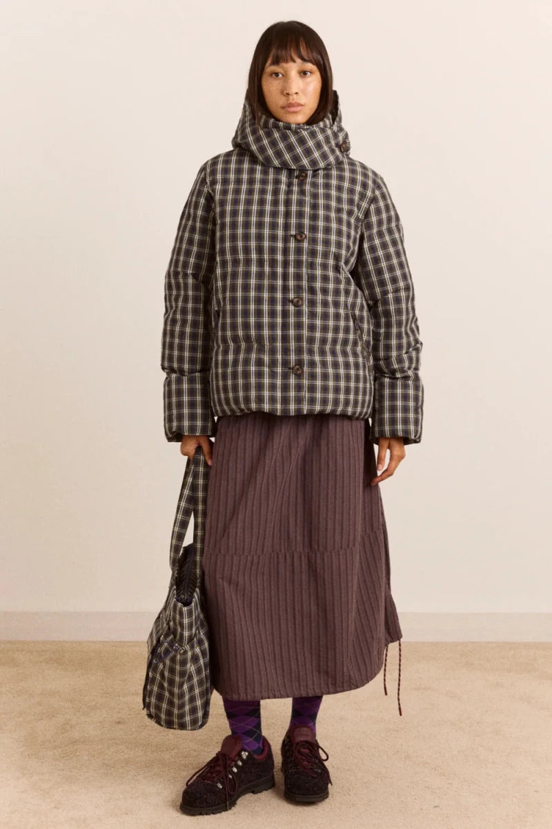 Manteau Puffer avec Capuchon Pearl Lyra Check Damson Madder - Ex-voto