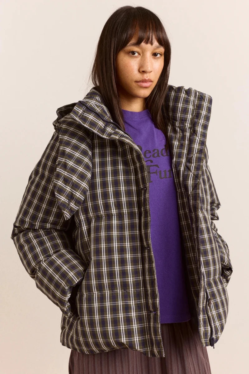 Manteau Puffer avec Capuchon Pearl Lyra Check Damson Madder - Ex-voto