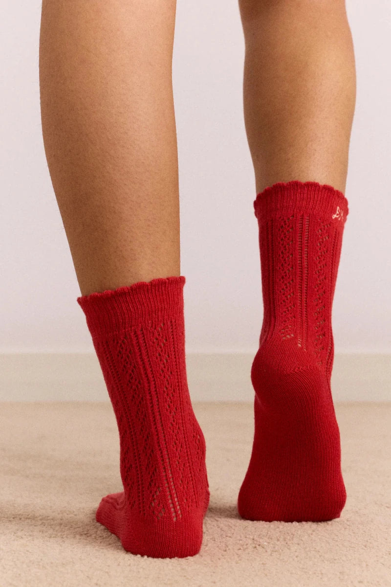 Paquet de 2 Paires de Chaussettes Pointelle Rouge et Crème Damson Madder - Ex-voto