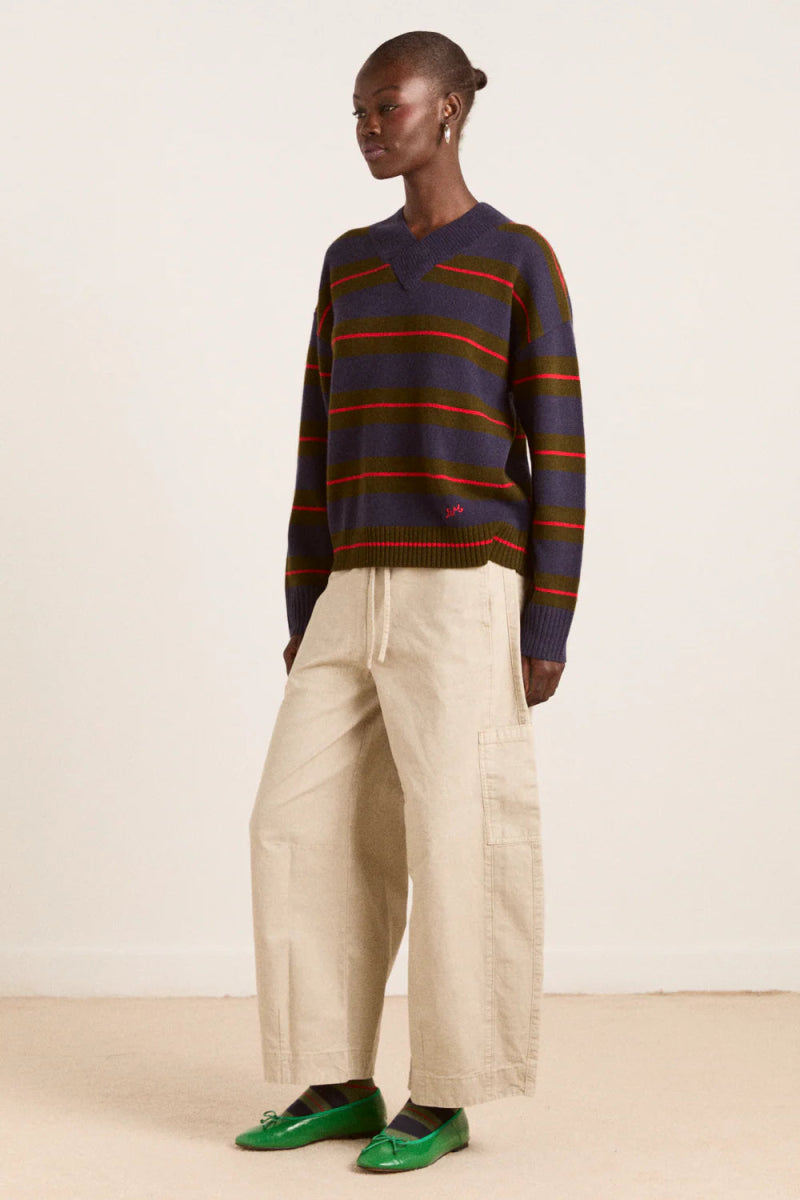 Pull Mérinos Odette Rayures Olives et Marines Damson Madder - Ex - voto