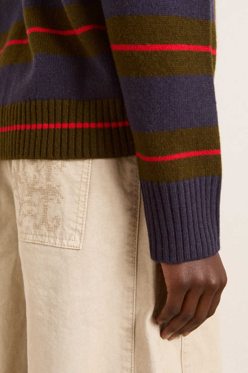 Pull Mérinos Odette Rayures Olives et Marines Damson Madder - Ex - voto