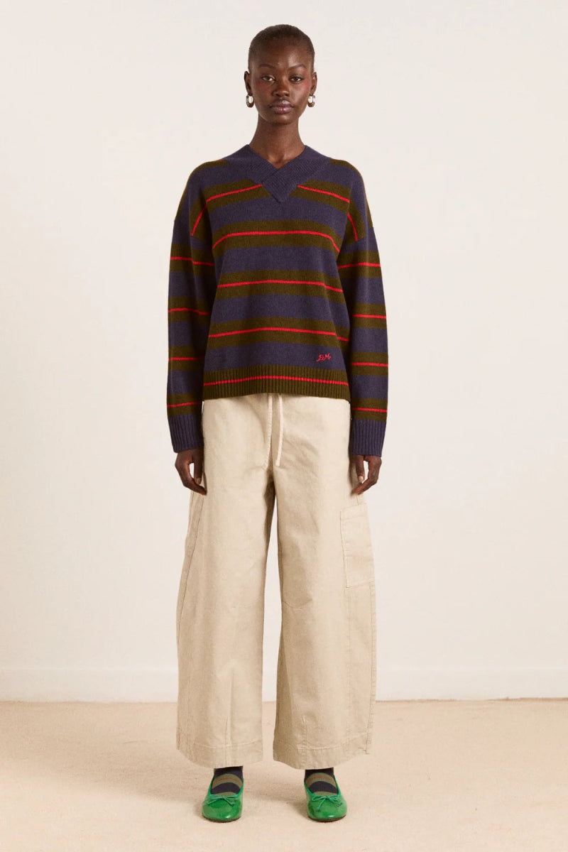 Pull Mérinos Odette Rayures Olives et Marines Damson Madder - Ex - voto