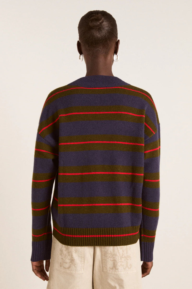 Pull Mérinos Odette Rayures Olives et Marines Damson Madder - Ex - voto