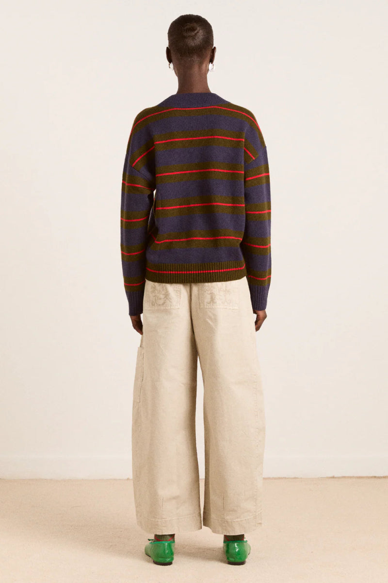 Pull Mérinos Odette Rayures Olives et Marines Damson Madder - Ex - voto