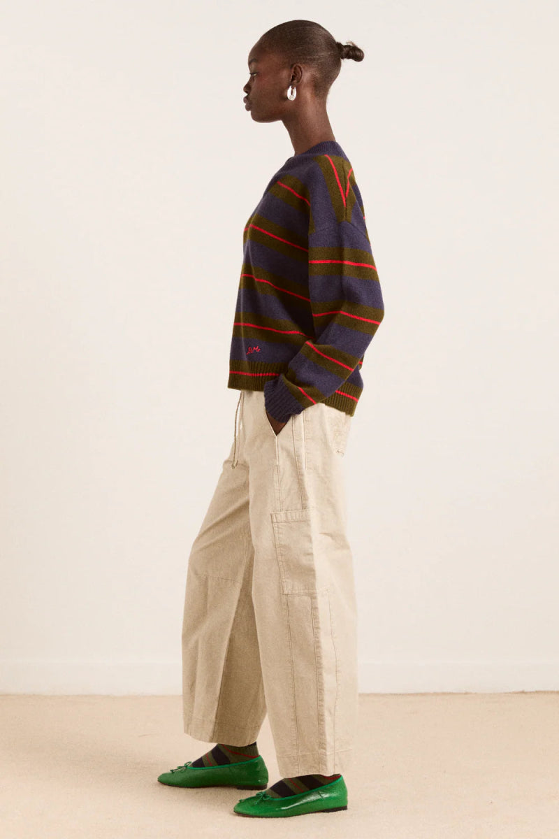 Pull Mérinos Odette Rayures Olives et Marines Damson Madder - Ex - voto