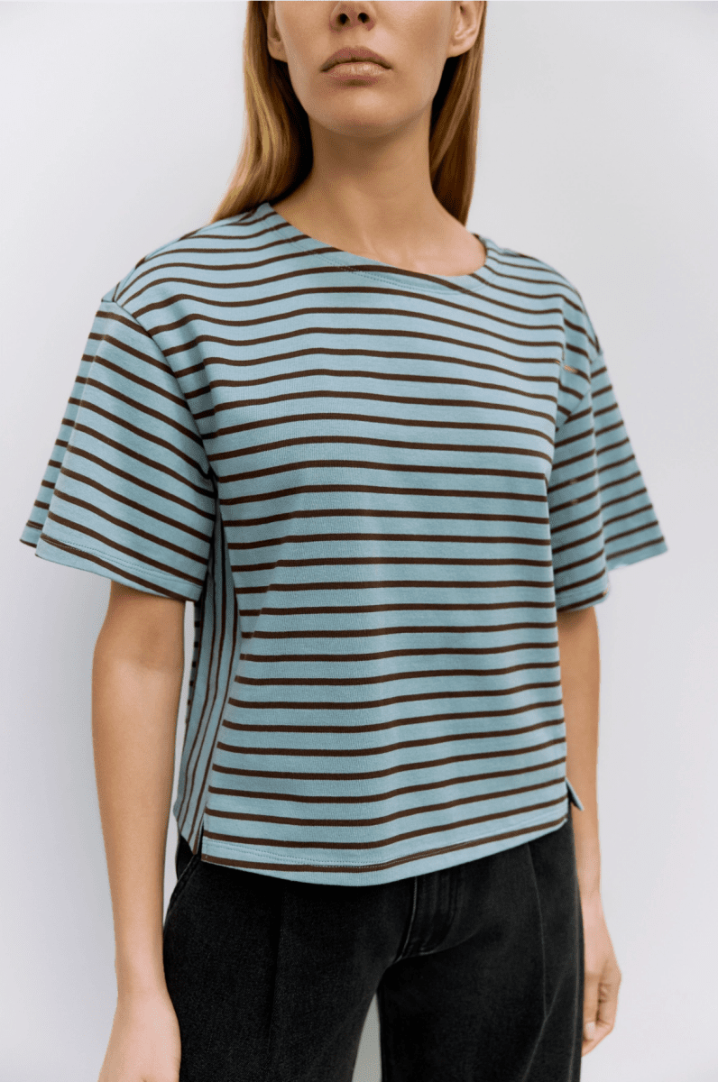 T-Shirt Cassandra Rayé Bleu et Brun Mod Ref - Ex - voto