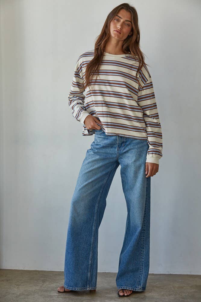 T-shirt Manches Longues Rayures Bleues et Beiges By Together - Ex-voto