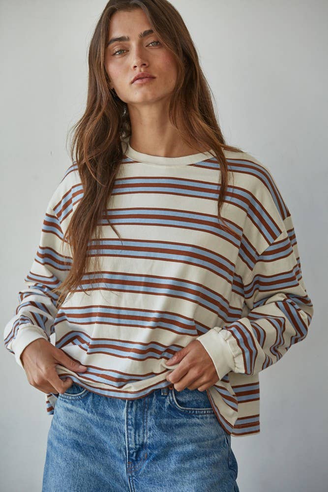 T-shirt Manches Longues Rayures Bleues et Beiges By Together - Ex-voto