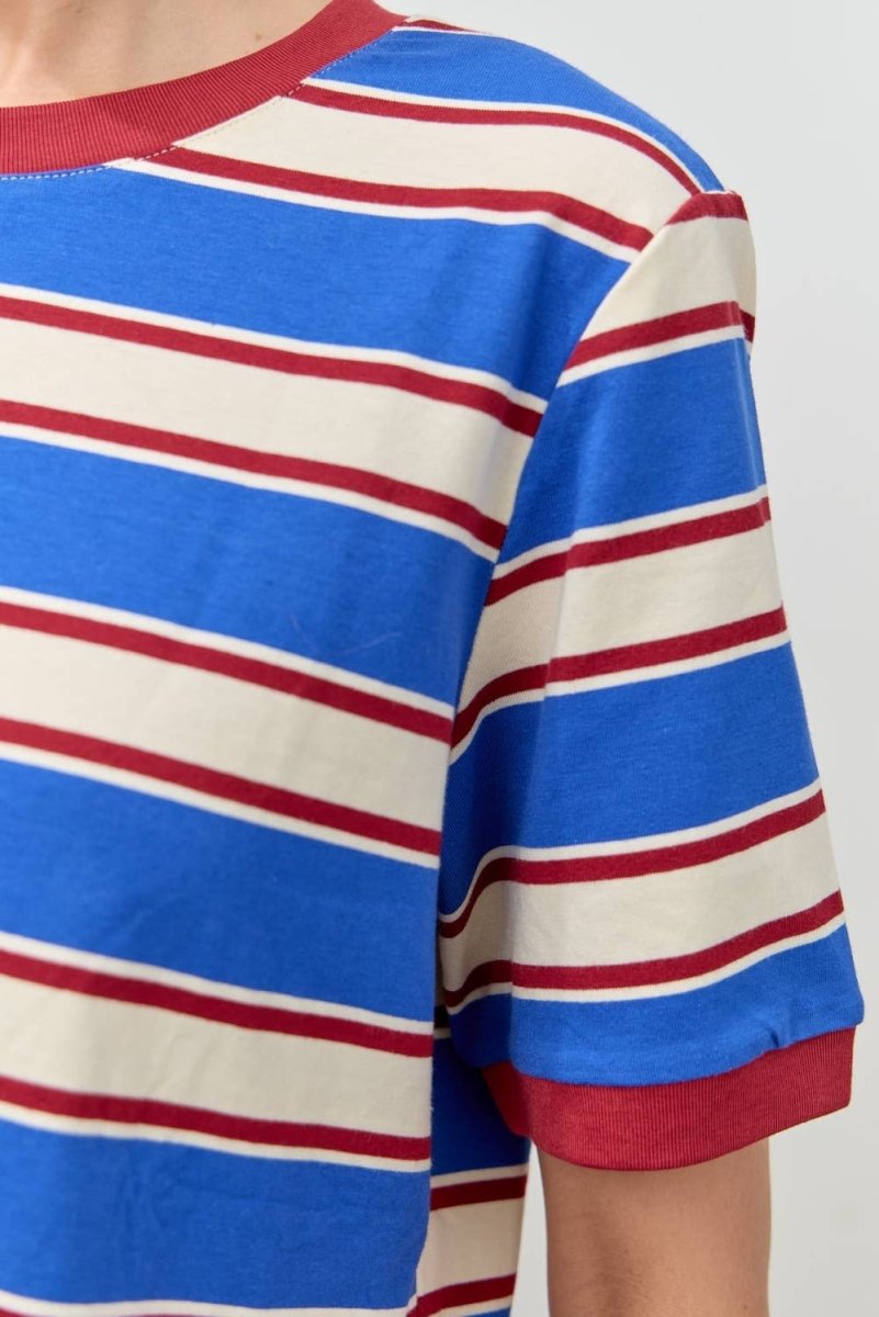 T-Shirt Rayé Col Contrastant Bleu et Rouge Polagram - Ex - voto